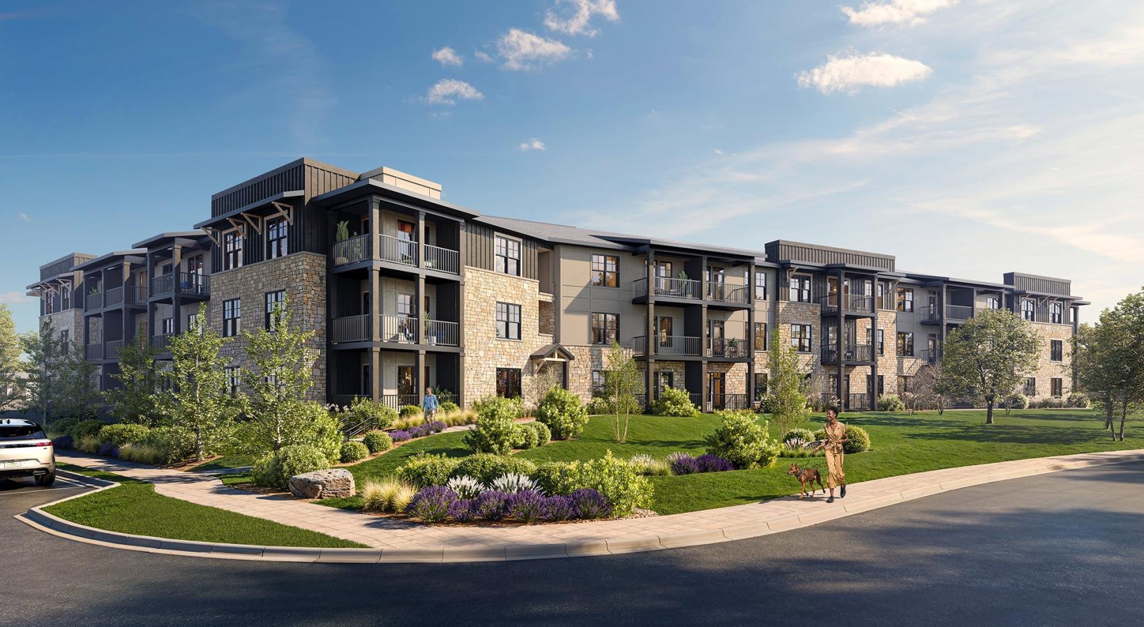 The essence of exceptional living apartment exterior of building with sidewalk and lush landscaping surrounding