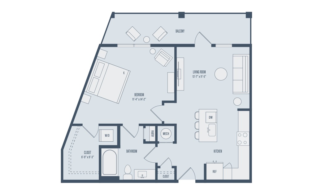 A4 - 1 bedroom floor plan layout with 1 bathroom and 765 square feet (2D)