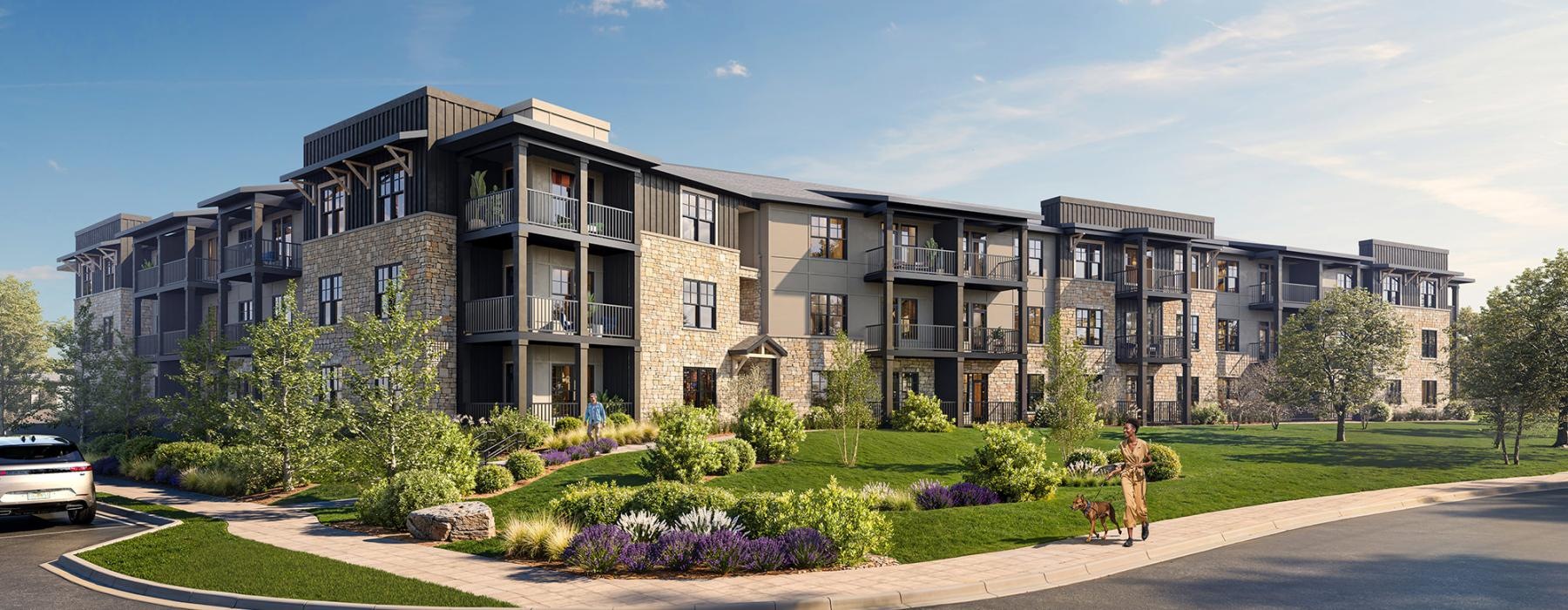 apartment exterior of building with sidewalk and lush landscaping surrounding